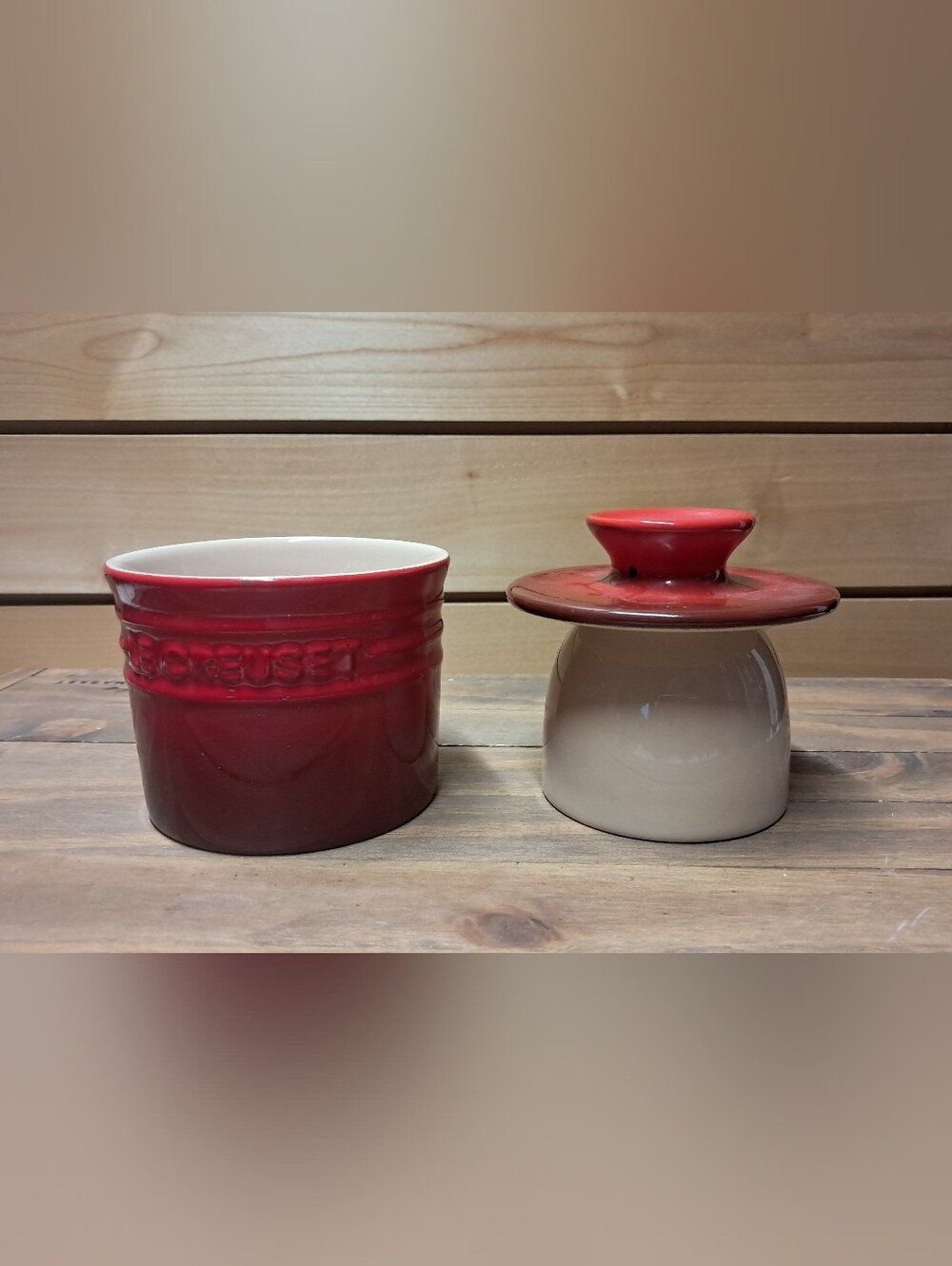 Le Creuset Red Stoneware Salt Cellar and Covered Butter Crock
